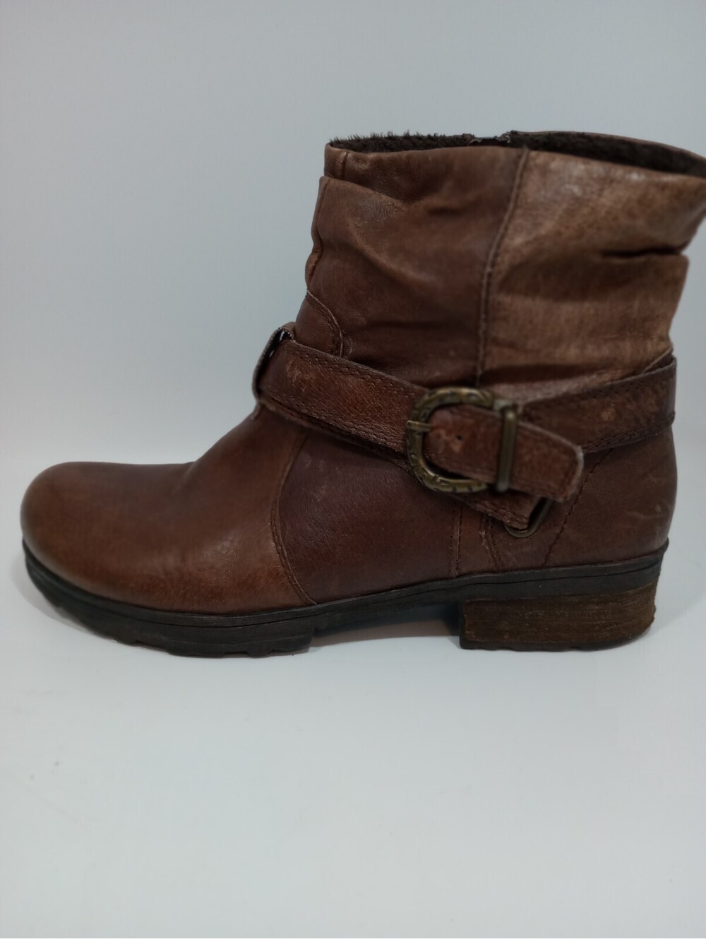 Bear Traps Brown Leather Bootie Zip Closure Buckle Fleece Flannel Lined Sz 10M